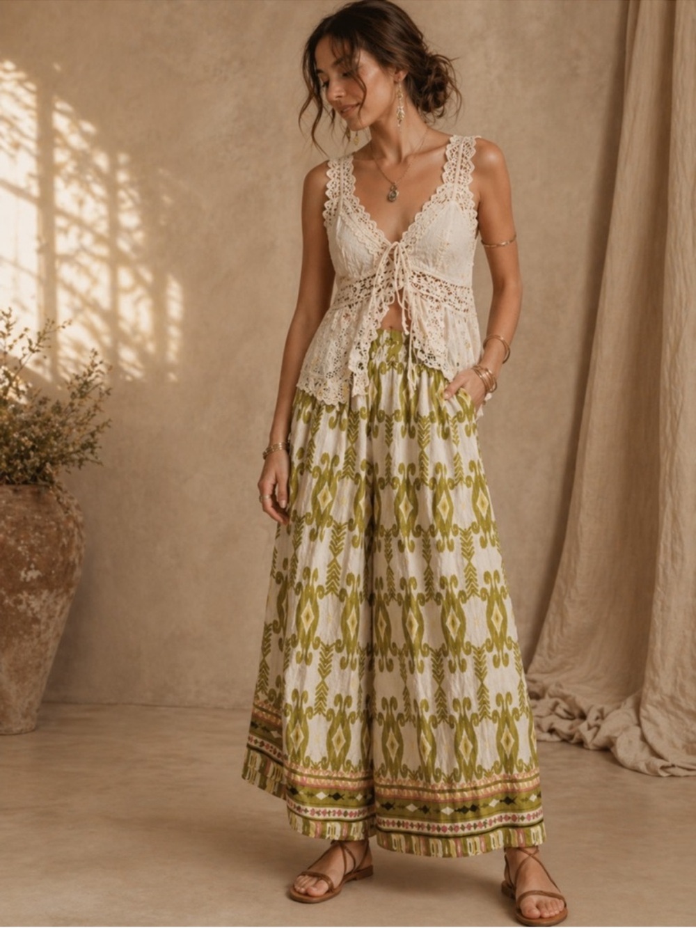Umgee Green and Cream Wide Leg Pants
